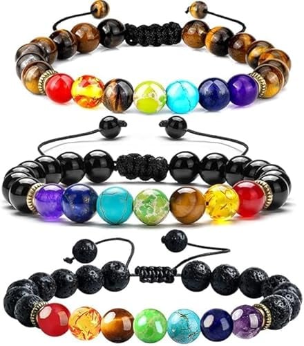 Aieraczy 3 Stück Chakra Armband Echte Steine, Heilstein Armband für Damen und Herren, 7 Chakren Armband Damen, Freundschaftsarmband, Geschenk für Freunde, Schwestern, Yoga Armbänder Zubehör
