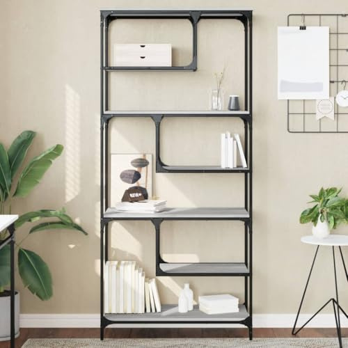 SKTQYQO Bücherregal Sonoma Grau aus mehrschichtigem Holz und Metall 81 x 36 x 176 cm mit Zick-Zack-Design Robuste und stabile Struktur für die Organisation von Büchern und Dokumenten Mobile