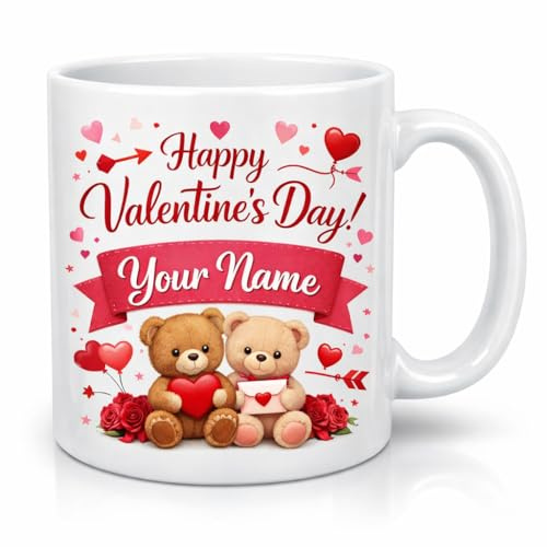 Vacso Trading Personalised Valentine’s Day Mug with Name – Cute Teddy Bear Love Coffee Cup – Custom Romantic Gift for Him or Her, Boyfriend, Girlfriend, Husband or Wife