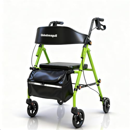 Globalseagull Rollator für Senioren, Faltbar Leicht mit Sitz, Grün | Bis 159 kg belastbar, nur 8,4 kg leicht, 360° Räder mit Federung, höhenverstellbar 76–91 cm, mit Tasche, für Innen & Außen