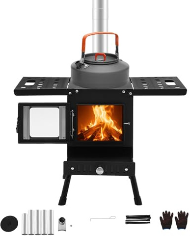 BJTDLLX Estufa de madera plegable para camping, estufa de madera portátil con chimenea para exteriores, camping, cocina, cocina de leña de acero inoxidable con patas ajustables 36-56 cm, color negro