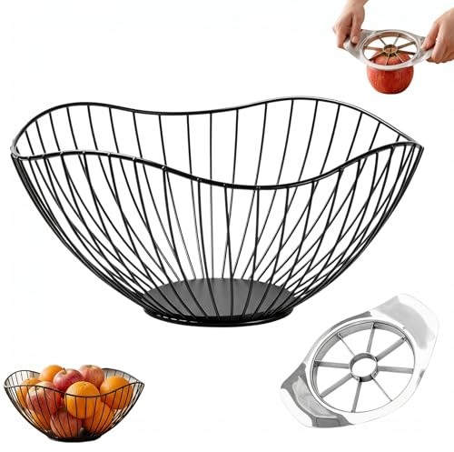 SMYJDMM Black Wire Fruit Basket, 26 x 12cm Large Wire Fruit Bowl | Modern Fruits Bowl with Apple Corer for Kitchens Storage Bread Vegetables Snacks Potpourris Banana