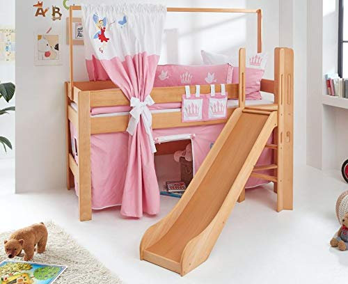 Froschkönig24 Hochbett Leo Kinderbett mit Rutsche Spielbett Bett Natur geölt Stoffset Prinzessin, Matratze:mit