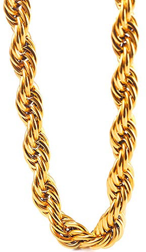 TUOKAY Sparkling Big Gold Rope Chain for Men and Women 11mm Thick Heavy Huge Faux Gold Rope Chain Costume Necklace for Rapper Rap Gangsta, 31 inches long, 10mm wide., Stainless Steel, no