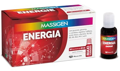 Massigen - Tonico Energia, Integratore Energetico con Ginseng e Guaranà, Combatte la Stanchezza, 10 Flaconcini da 25 ml, Senza Glutine