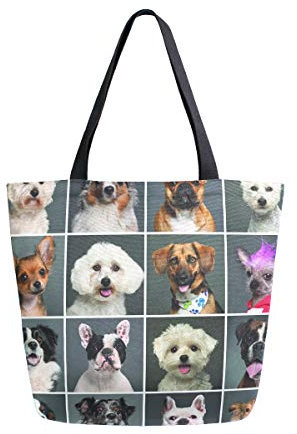 BIGJOKE Canvas-Tragetasche, niedliches Hundekopf-Muster, große Damen-Umhängetasche, Handtasche, wiederverwendbar, Einkaufen, Lebensmittel, tragbare Aufbewahrungstasche für den Außenbereich.