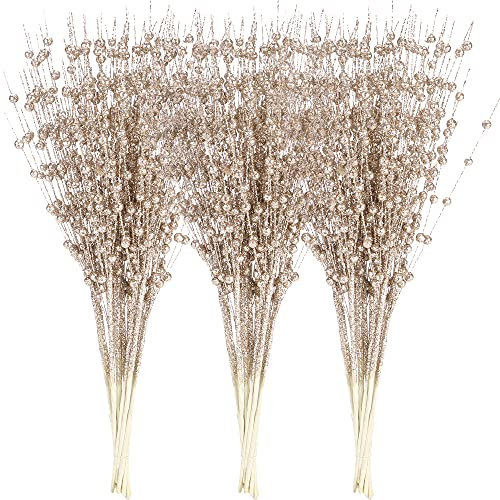 Sea Team 24-Pack Artificial Glitter Berry Stem Ornaments, Decorative Bead Sticks, Glittery Twigs, Picks, Branches for Christmas Tree, Small Vase, Holiday, Wedding, Party (17 Inches, Champagne)