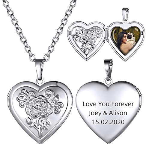 GOLDCHIC JEWELRY Rose Flower Personlised Locket for Girlfriend, Custom Heart Photo Necklace Romantic Gifts for Women
