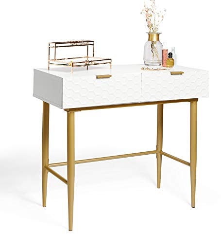 BTFY White Dressing Table for Bedroom - Honeycomb Design Vanity Desk with Drawers - Make Up Desk with Glossy Lacquer Finish - Geometric Console Table, Gold Legs & Handles - For Home Office
