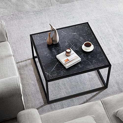 SAYGOER Schwarzer Couchtisch, klein, quadratisch, schlicht, modern, Mitteltisch für Wohnzimmer, Heimbüro, 70 x 70 x 40 cm, einfache Montage, schwarzer Kunstmarmor
