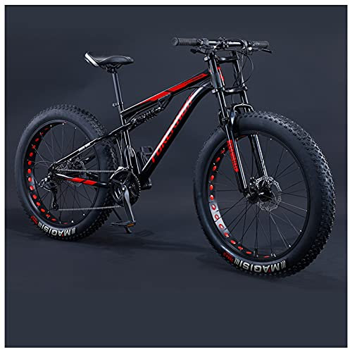 NENGGE Mountainbike Fatbike 24 Zoll Mountainbike, 7/21/24/27/30 Gang-Schaltung Erwachsene Fette Reifen Fahrrad, Rahmen Kohlenstoffstahl, Herren Damen Vollfederung Bike,Schwarz,21 Speed