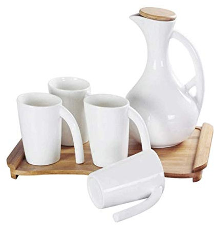 SMSOM White Tea Service Set Ceramic Large Tea Pot, 4-Piece Tea Cups with Wooden Tray - Modern Teapot, Tea Cups Set for Home and Office