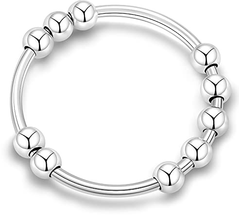 CIELTEAR Sterlingsilber-Angst-Ring für Frauen, Fidget-Ringe für Frauen, Angstring mit Perlen, Stressabbau, Geschenke, Spinnring, Größe 5, 6, 7, 8, 9, 10