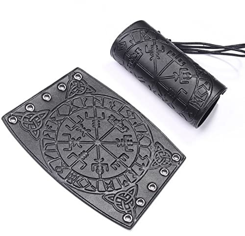 Thajaling Lederhandschuh-Armband, Ledermanschetten Armband Schmuck, Wikinger Handgelenkschutz, Wikinger Runenkompass Armschienen für historische Nachstellungen (Schwarz)