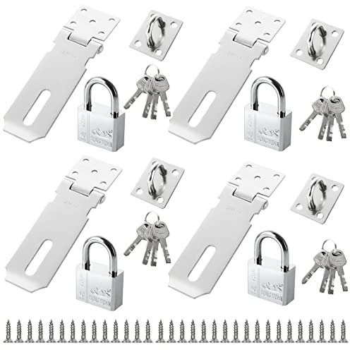 GOYADA 4 Sets Hasp and Staple with Padlock, 4 Inch Door Lock Hasp Staple Heavy Duty, Stainless Steel Door Padlock Hasp with Keys for Wooden Gate Shed Barn Bedroom Garage Door (Silver)