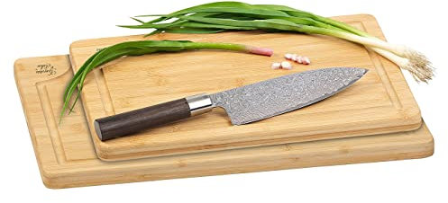 Rosenstein & Söhne Holzbrett Küche: 2er-Set Bambus-Schneidebretter mit Saftrille, verschiedene Größen (Bambus-Küchenbretter, Brettchen)