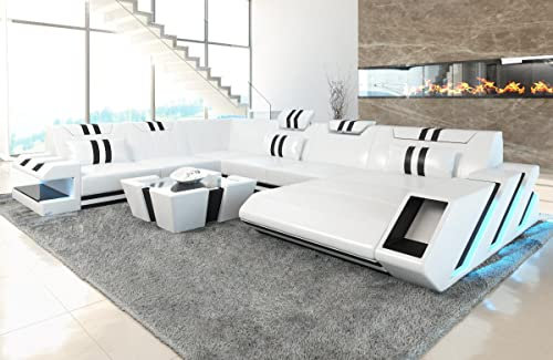 Sofa Apollonia XXL U Form Wohnlandschaft Leder Couch mit LED Ledersofa mit Ottomane und Kopfstützen (Ottomane rechts, Weiß-Schwarz)