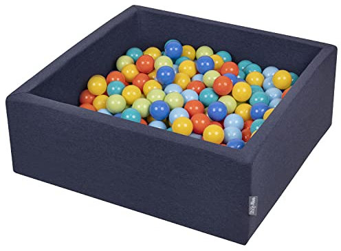 KiddyMoon Bällebad 90X30cm/300 Bälle ∅ 7Cm Bällepool Mit Bunten Bällen Für Babys Kinder Quadrat, Dunkelblau:Hellgrün/Orange/Türkis/Blau/Bblau/Gelb