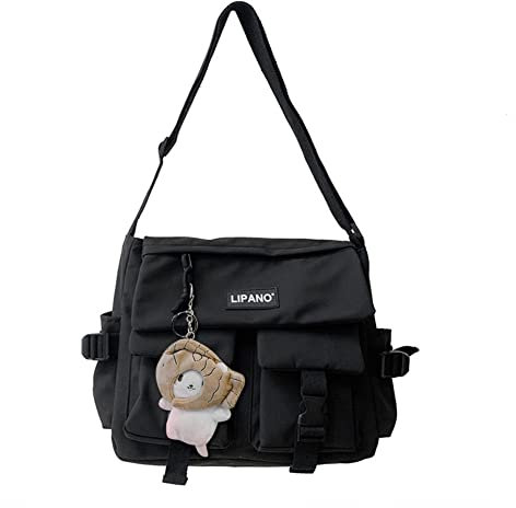 DKIIL NOIYB Kawaii Umhängetasche mit Kawaii-Bär-Anhänger für Mädchen, lässige Kawaii-Kuriertasche, Segeltuch, Hobo-Tasche, mehrere Taschen, Kawaii-Tasche für Damen, A03-schwarz, 31W