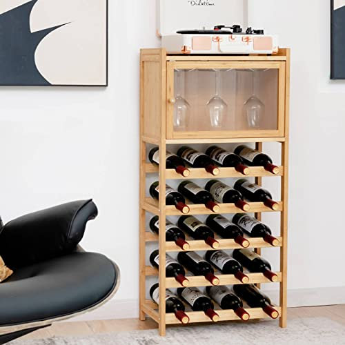 COSTWAY Wine Rack with Glass Holder and Door, 20 Bottles Bamboo Freestanding Wines Cabinet, Drink Storage Display Shelf for Kitchen Bar Cellar Pantry