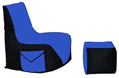 Momiralland Komfort Sitzsack XL - XXL mit Hocker Sitzkissen BodenKissen Sessel In- & Outdoor geeignet Gaming Sitzsack für Erwachsene und Kinder (Schwarz - Blau, XXL - Durchmesser 80 cm)