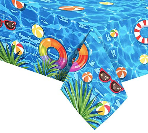Blue Table Cloth Party Disposable,Happy Birthday Tablecloth for Swimming Boys,137 * 274cm Disposable Table Cloths Rectangle Summer Party Table Cover,Plastic Tablecloths Large for Men Women Pool Party