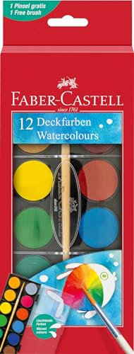 Faber-Castell 125018 - Boîte de peinture à l'eau 12 couleurs, pinceaux inclus, boîte de peinture pour l'école et les loisirs