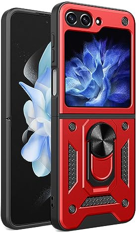DESSEN Cover per Samsung Galaxy Z Flip 5 (Z Flip5) 5G con Anello Magnetico, Custodia Antiurto Morbida in Silicone, Guscio Supporto Bumper. Rosso