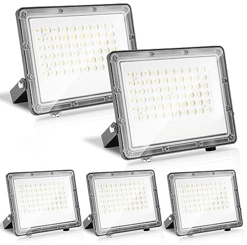 Ikodm LED Strahler Außen 50W, LED Scheinwerfer Superhell 4950LM, IP65 Wasserdicht 6000K Kaltweiß Fluter Flutlicht Aussenstrahler für Gärten Sportplatz Hotel, 5 Stücke, kein Stecker