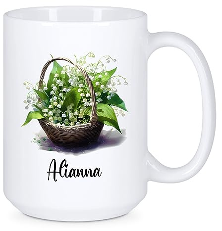 Maiglöckchen-Kaffeetasse, Geschenk, personalisierter Namen, Maiglöckchen, Keramiktasse, personalisierbar, Blumen-Teetasse für Blumenliebhaber, Blumengartenbesitzer, Kaffeetasse, weiße Tasse, 325 ml,