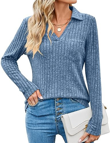Gemulate Ladies Jumpers Blue Jumpers for Women UK Ladies Lightweight Jumpers for Women UK Women's Jumper V Neck Jumper Winter Jumpers-Blue, M