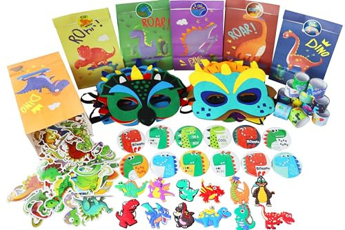 Beamely 110 Stück Dinosaurier-Partytütenfüller für Kinder, cooles Dinosaurier-Thema, sortiert, Pinata-Spielzeug mit Klappbändern, Masken, Aufklebern, Schlüsselanhänger, Geschenktüten, Abzeichen,