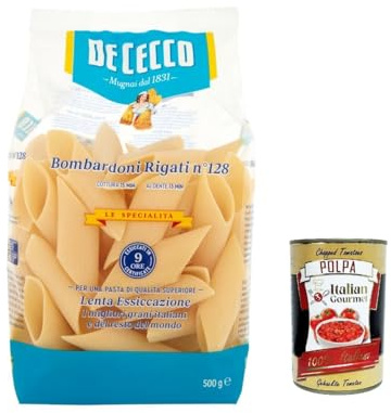 Italian Gourmet Bombardoni Rigati N°128 Pasta, Nudeln 6 x 500g Vorratspack | Forma grande con superficie ruvida, hält cremige Saucen gut bei Ofengerichten, Gesamtnettogewicht 3 kg + Kostenlos Polpa 400g