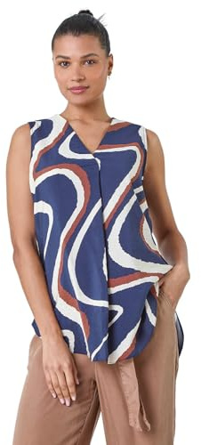 Roman Originals Women Pleated Vest Tank Top Ladies Sleeveless Blouse Shirt Tunic Summer Autumn Holiday V-Neck Work Office Cocktail Party Special Occassion Going Out - Navy Natural Brown - Size 10