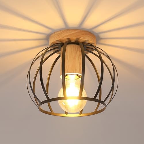 Pheashine Lampada da Soffitto Industriale, Vintage Plafoniera Lampadario in Ferro con Base in Legno e Gabbia Metallica Nera, Ideale per Corridoi, Balconi, Cucine, e Ingressi