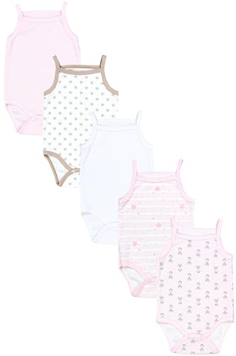 TupTam Body Baby Mädchen 5er Set – Sommer Body Baby mit Spaghettiträgern aus 100% Baumwolle, Farbe: Fuchs Rosa Streifen Sterne Weiß Beige, Größe: 98