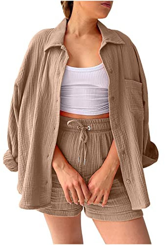 Zweiteiler Damen Sommer Musselin Bluse Hemd und Shorts Clothes Aesthetic Zweiteiler Lounge Set Strand Outfit Set Two Piece Set Women Große Größe