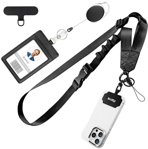 Azrra Adjustable Crossbody Cell Phone Lanyard for iPhone with Phone Tethers & Retractable ID Badge Card Holder (Solid Black)