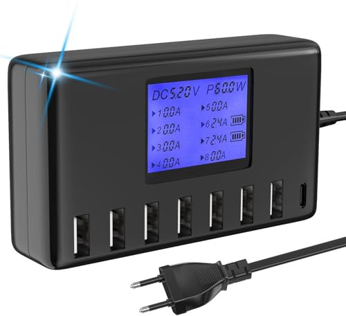 USB Ladegerät, 60W 8 Ports USB Ladestation 12A USB C Ladegerät Mehrfach mit LCD Display für mehrere Geräte, USB Mehrfach Ladegerät für iPhone Android Samsung Huawei iPad Tablet Kindle