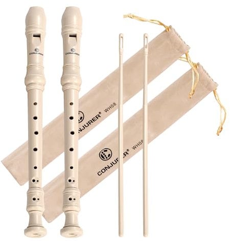 CONJURER Sopran-Blockflöteninstrument für Kinder und Studenten, Deutscher Griffsatz, 8-Loch-Flöte, ABS-Sopran-Blockflöte für Anfänger, mit Reinigungsstab und Tasche, Beige, 2 Stück