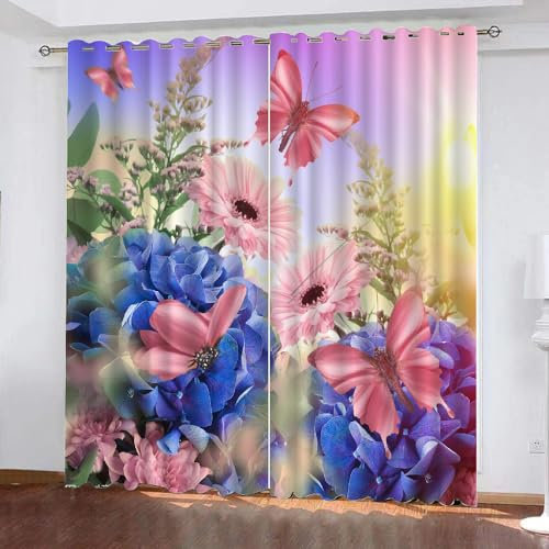 NYSMGS Vorhang Blickdicht Schmetterling 3D Verdunklungsvorhänge mit Ösen Gardinen Blumen Natur Microfaser Schlafzimmer Vorhang Wetterfest für Wohnzimmer Kinderzimmer 2er Set 2X B70 x H 160 cm