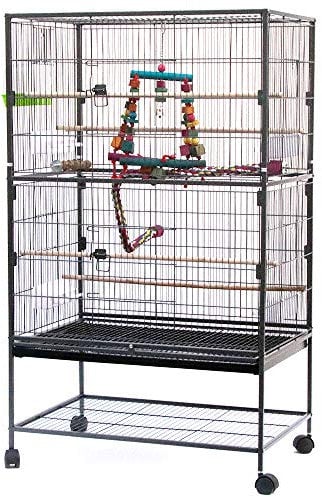 OHMG Großer Vogelkäfig auf Fuß, Voliere für Vögel, für den Innenbereich, Voliere für Kanaren, Papageien, große Wellensittiche, Kakadus, Vogelkäfig auf Rollen, 2 Etagen mit Ständer, 78 x 52 x 132 cm