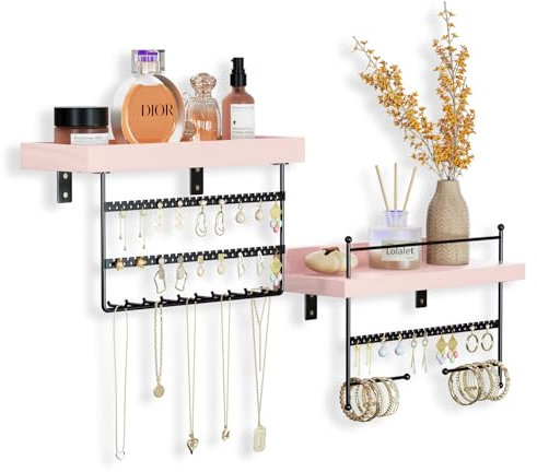 Lolalet 2 Stück hängend Schmuck Organizer Kettenaufhänger Wand Schmuckhalter, Wandmontierte Schmuckaufbewahrung für Ohrring Ohrstecker Armbänder, 156 Löcher Wandregal Aufhänger mit 20 Haken -Rosa