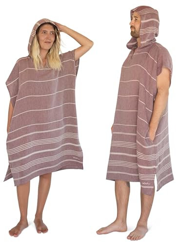 LeStoff Badeponcho - 50% Bio-Baumwolle 50% Hanf - Leicht, Saugstark, Schnelltrocknend, Bio, Strandponcho Kapuze, Handtuchponcho, Surf Poncho, Handtuchkleid, Duschponcho, Umziehponcho (Bordeaux S)