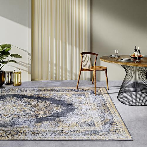Villeroy & Boch Martha In- & Outdoor Teppich Orientalisch - Orient Flachgewebe, Klassisches Design Vintage, ÖKO-TEX Wetterfest & UV-beständig für Balkon, Terrasse, Garten – Anthrazit Gold, 200x285cm