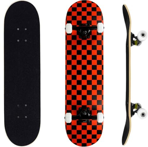 ERNAN Skateboard 31x8 Zoll Komplette für Kinder Jugendliche Erwachsene, komplettes Standard-Skateboards, 7 Schichten Ahorn-Deck, konkaves Skateboard(Black and red)