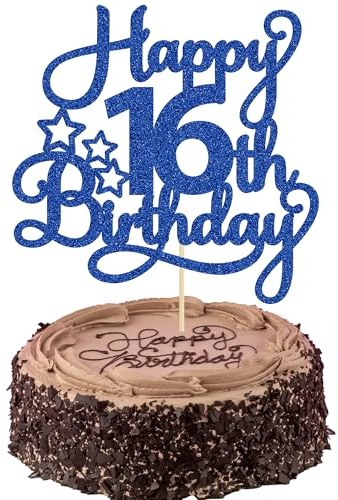 1 Packung Happy 16th Birthday Cake Topper Glitter Sweet 16 Cake Pick Birthday 16th Birthday Cake Decorations for Children 16th Birthday Theme Party Supplies Blue