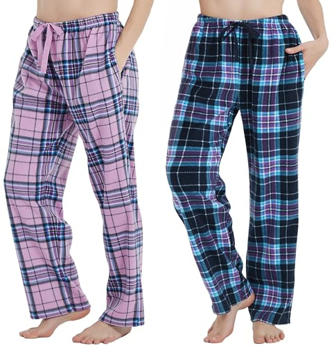 iceBoo Women’s (Pack of 2) Fleece Pyjama Bottoms Check Plaid Lounge Pants with Pockets & Adjustable Drawstring Waist – Machine Washable