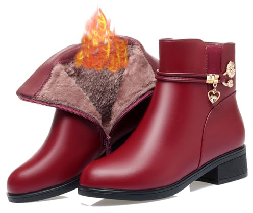 MAOAEAD Stivali ortopedici da donna in vera pelle, impermeabili, in pelle, invernali, caldi, con zeppa, stivali da neve da donna (rosso foderato spesso, 38EU)