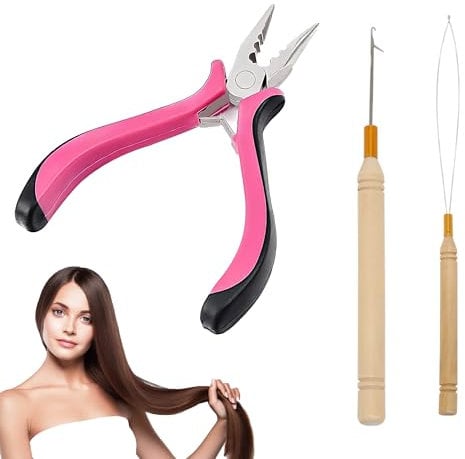 hioseyre 3 Pcs Stainless Steel Hair Extension Pliers Set,Professional Nano Hair Extension Tools with 3 Holes Hair Extension Pliers,Pulling Hook Needle and Loop Needle Threader for Women Hair Extension